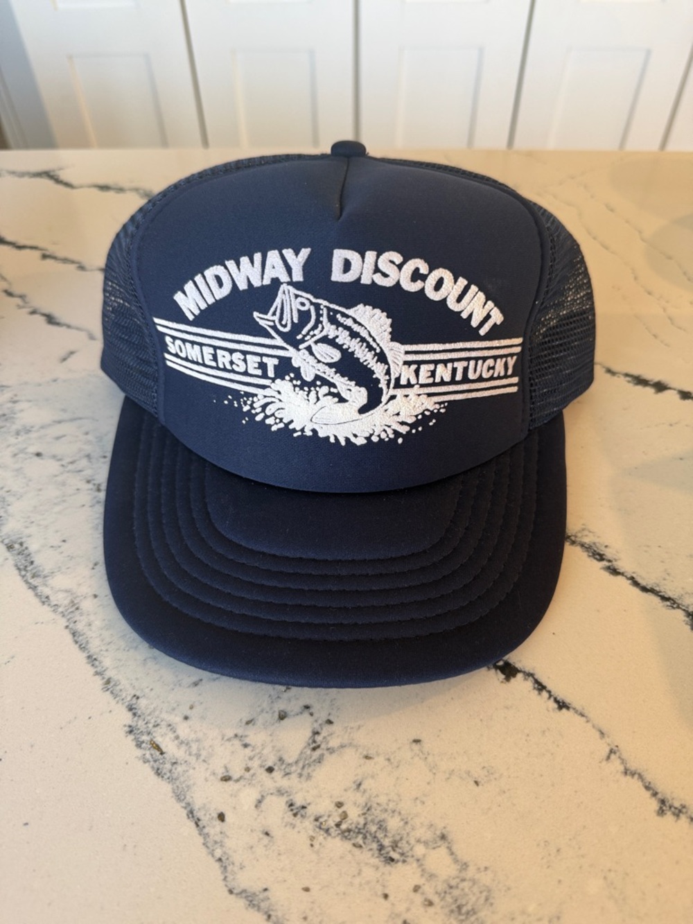 Navy Mesh Trucker Hat - Midway Discount Somerset Kentucky FISHING BASS LOGO